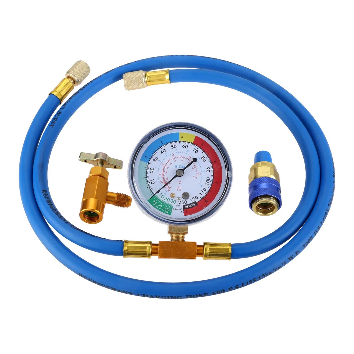 gohantee R134a Medición Kit de Manguera Recarga Aire Acondicionado con Manómetro y Grifo de Lata Autosellante, a Puerto de R-12/R-22, Acoplamiento Rápido de Lado Bajo R134a