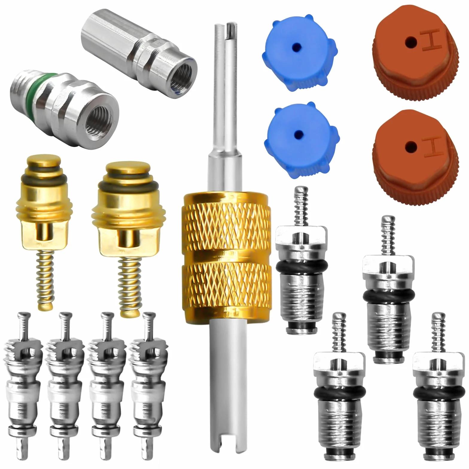 Kit de núcleo de válvula de Aire Acondicionado, Incluye Sistema de refrigeración de A/C R12 y R134a Núcleo de válvula Puerto de Servicio de CA Tapón de Sellado Herramienta de extracción de núcleo